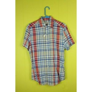 NWOT Crown & Ivy Motion Flex Men's S Linen Blend Plaid Short Slv Button Up Shirt